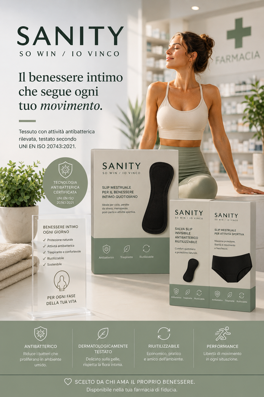 GooD MooD® SANITY SO WIN — Il benessere intimo che segue ogni tuo movimento. Donna in activewear in farmacia con prodotti SANITY antibatterici riutilizzabili.