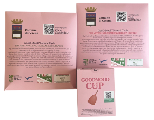 Kit Ciclo Sostenibile Cesena: slip mestruale riutilizzabile GooD MooD Natural Cycle e coppetta My Cup